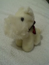 Vintage Sitting White Scottie Dog with Tartan Bow Soft Toy 6" Tall