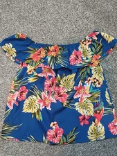 ** BARDOT OFF SHOULDER BLUE FLORAL TROPICAL LEAF PATTERN COMFY BLOUSE TOP **