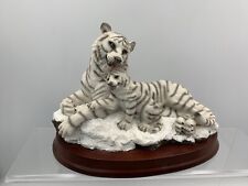 1993 Midori Mint Collectiion White Tiger  Licking Cub Resin Figurine Wood Base