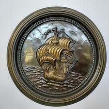 Vtg Brass Ship Round Wall