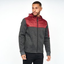 Men's Crosshatch Hooded Fleece Jacket Padded Zip Up Red Grey Windbreaker Size L