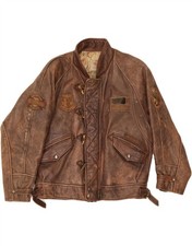 REDSKINS Mens Graphic Leather Jacket UK 44 2XL Brown Tie Dye Leather Biker DI90