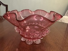 Vintage Cranberry Glass Ruffled Rim Shell Like Pattern to Base. Decorative Piece