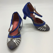 Ladies Ballroom Dance Shoes, Size 34, Blue/Silver Metallic & Glitter, Crossover