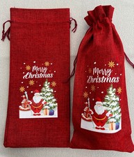 1 RED BURLAP HESSIAN SANTA with CHRISTMAS TREE WINE BOTTLE GIFT BAG H35cm xW15cm