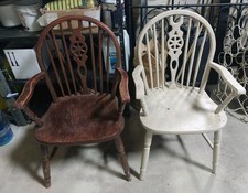 2 wheelback carver chairs vintage dining old wooden kitchen rare oak upcycle 