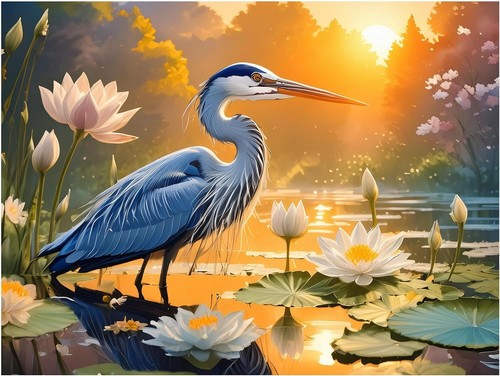 Tile mural blue heron sun - blue,