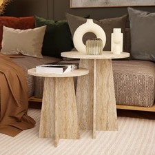 Set of 2 Round End Tables, Modern Side Tables, Travertine Color