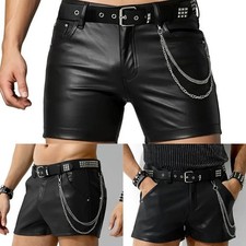 Mens Black Nightclub Wear Imitation Leather Shorts Casual Punk Hot Pants