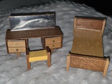 Vintage Lundby Carolines Home Doll House Miniature Wood Dressing Table Stool Bed