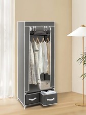 Single  Fabric Canvas Wardrobe with Clothes Hanging Rail Shelving Storage Closet