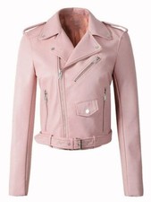 Women's 100% Pure Lambskin Motorcycle Jacket Real Leather Baby Pink Biker Jacket