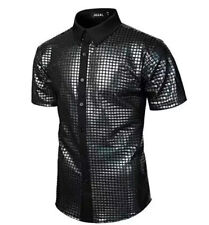 Sleeve Button Down Shirt Tops Mens 70s Disco Costume Silver Sequins Party Short