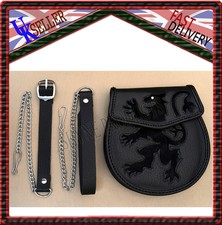 SEMI-DRESS SPORRAN LION RAMPANT BLACK CALF SKIN SLIVER STUD COWHIDE SPORRAN