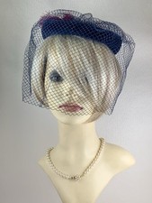 Marida Vintage 1960s Blue Cotton Velvet Pillbox Hat Face Veil & Red Side Feather