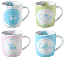 Set of 4 Pink Blue & Green Polka Dot Spotted Design Large Coffee Mugs.