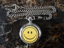 SMILEY FACE CHROME POCKET WATCH WITH CHAIN (NEW) 