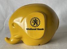 Vintage Yellow Plastic MIDLAND BANK Elephant Shaped Piggybank Moneybox No Key