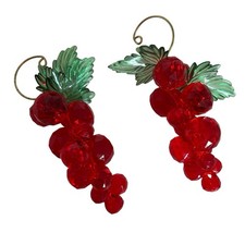 Vintage Ornamental Grapes x2 Red Multifaceted Beads Green Tops Gold Hooks Fruit