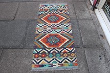 Kilim Vintage Traditional Hand Made Oriental Blue Wool Kilim Short Runner 140x60