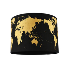 Modern Shiny Gold Foil World Map Lamp Shade in Black Cotton Fabric by Happy H...
