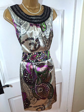 Ronit Zilkha Multicoloured Floral Beaded Belted Lined Dress, UK 14, Perfect Cond