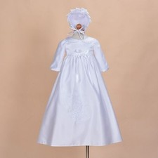 Baby Girl Ivory White Satin Long Sleeve Christening Gown Bonnet 0 3 6 9 12 Month