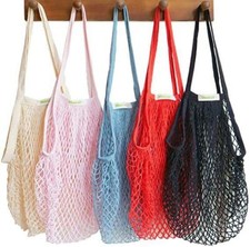 Reusable Cotton Mesh Grocery Bags Foldable Long Handle Net Tote Bag for Shopping