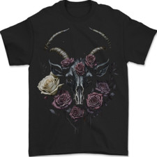 A Goat Skull With Roses Gothic Goth Mens T-Shirt 100% Cotton