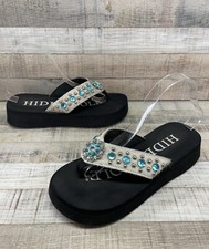 Hide N Sole Black Turquoise Rhinestone Faux Fur Flip Flops Sandals Women's 9-9.5