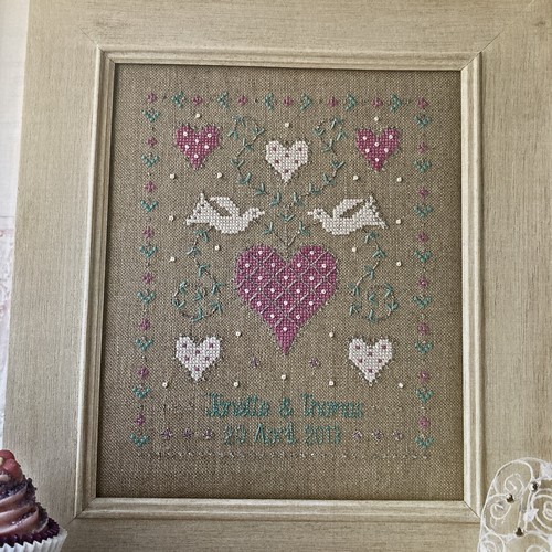 Heart and dove wedding sampler