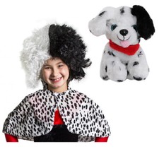 CHILDS CRUELLA SET DOG CAPE WIG HALLOWEEN GIRL DALMATIAN MOVIE FANCY DRESS