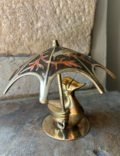 Vintage Brass Duck Figurine with Ornate Umbrella – Possibly Indian – 13 cm Tall