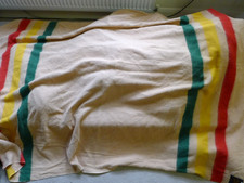 Vintage 100% Wool Cany Rug Green Yellow Red line Blanket 155 x 200