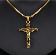 Gold Jesus Christ Necklace Religious Crucifix Pendant 22 Inch Chain Cross Gift