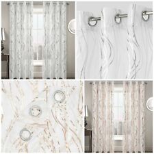 Curtain Net Panel Swirls Voile Foil Print Silver Gold Metallic Ringtop Eyelet