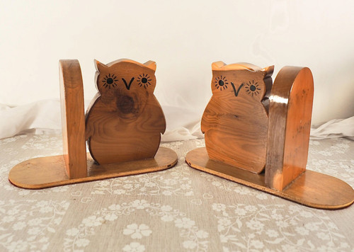 Vintage wooden owl bookends - vintage,