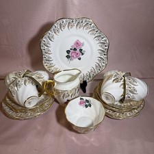 VINTAGE CLARE BONE CHINA ENGLAND TEA SET OF 12 SINGLE ROSE PINK GOLD DETAIL