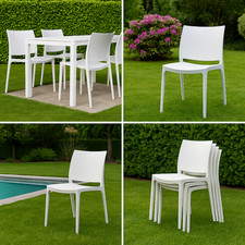 4x White Plastic Garden Chairs Stackable Outdoor Indoor Dining Chairs Easy Clean