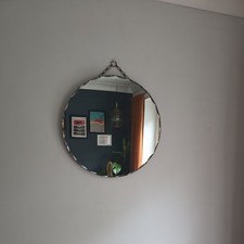 Vintage Circular Round Frameless Wall Mirror Scalloped Bevel Edge Chain hung 