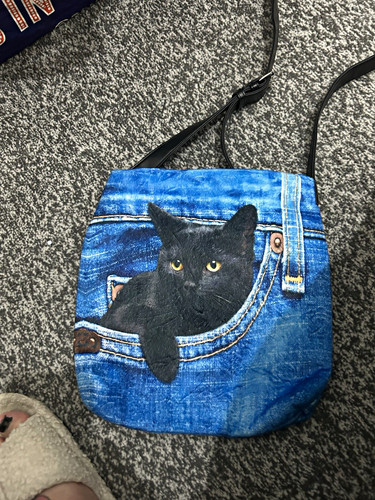 Blue denim black cat - black, applique