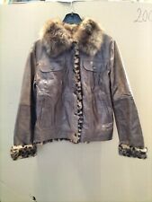 Real Mink Fur Leather Jacket With Sable Collar Leopard Print Lined UK 14 Siz S/M
