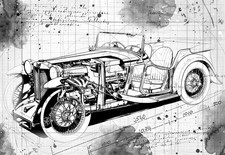 Line Tech Drawing MG PA Tourer 1935  Car Classic Cutaway Art Poster Print