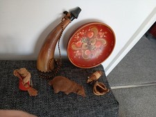 Norway Larvik Cow Horn + Vintage Folk Art , Carvings , Painted Bowl , Flocked