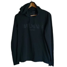 BALMAIN PARIS Hoodie T-shirt Mens Long Sleeve Hooded Logo Cotton Black Size XL