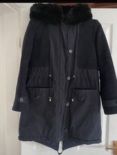 Whistles Navy Blue Black Faux Fur Trim Parka - Medium