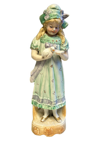 Vintage bisque girl feeding - girl,
