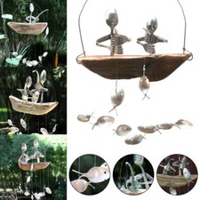 Fishing Man Spoon Fish Sculptures Wind Chime Wooden Boat Fisherman for Garden