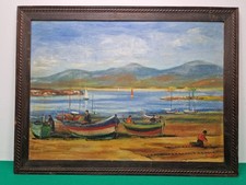 1950 Naive Folk Art Seascape Oil on Board Painting Signed by Artist Bryan Robey