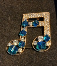 Beautiful Music Note Brooch Cubic Crystals & Rhinestones In Gift Box Silver Tone